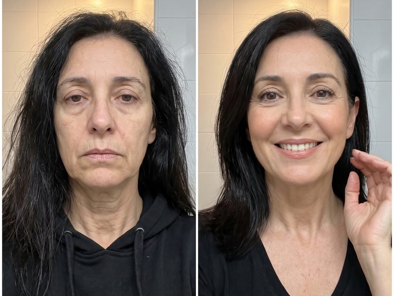Foto de antes y después de una clienta de unos 50 años con el pelo oscuro