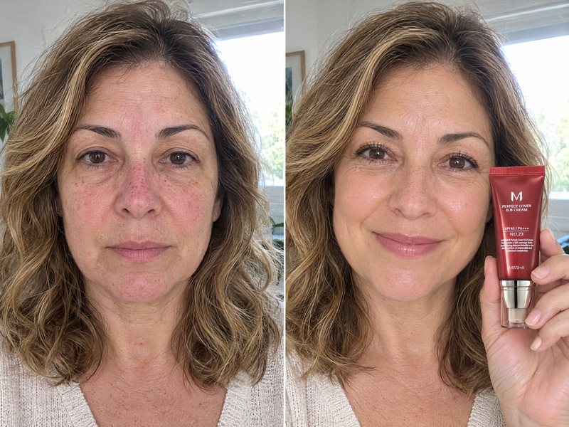 Dos fotos de una clienta de unos 54 años: sin maquillaje, con rojeces, y después con la BB cream y el tubo en la mano