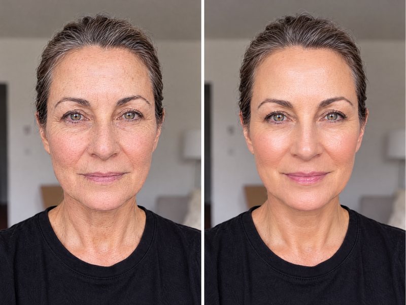 Dos selfis de una clienta de unos 62 años: el maquillaje agrietado y, después, fresco