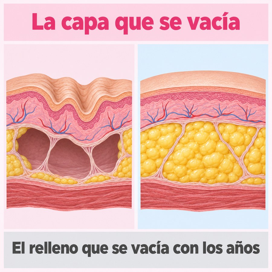 Esquema de dos paneles titulado «La capa que se vacía»: a la izquierda la capa de grasa dérmica hundida, a la derecha llena