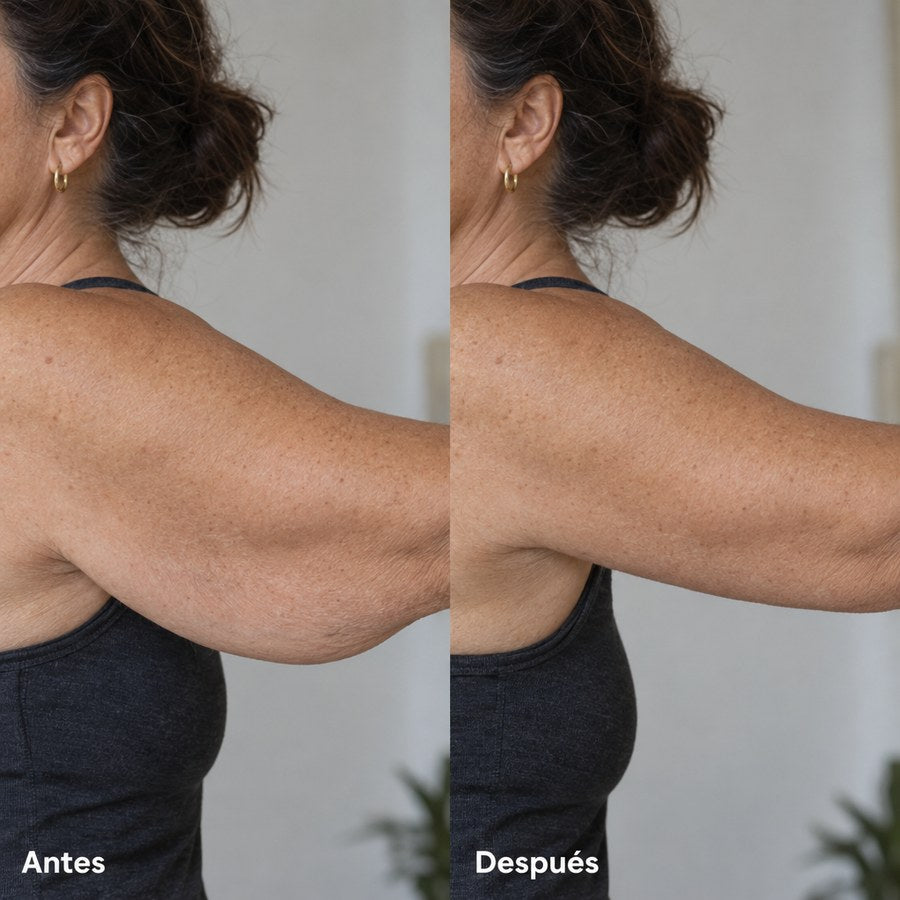 Brazo levantado de perfil con las etiquetas «Antes» y «Después»: la piel de atrás deja de colgar
