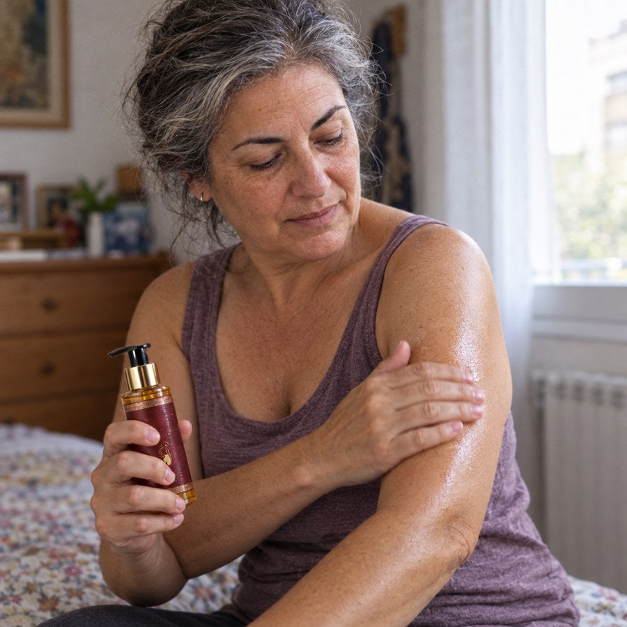 Mujer de unos 58 años sentada junto a la ventana de su dormitorio, con el frasco de LUXMA en una mano, dándose el aceite en la parte de atrás del brazo