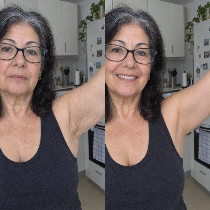 Charo, unos 62 años y con gafas, en su cocina con el brazo levantado antes y después