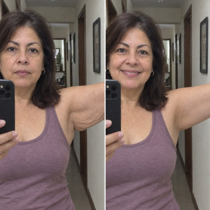 Carmen, unos 58 años, en el pasillo de su casa con el brazo levantado antes y después