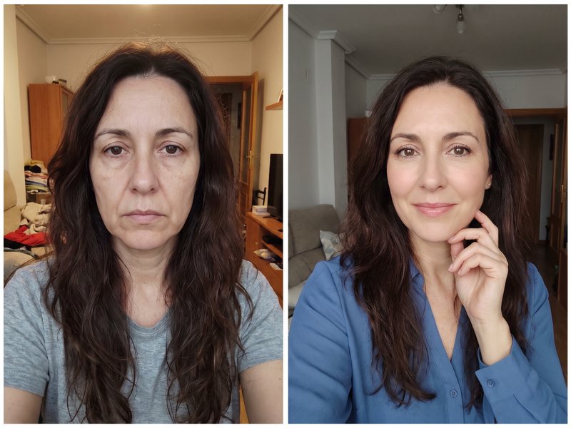 Foto de antes y después de una clienta de unos 48 años con el pelo castaño