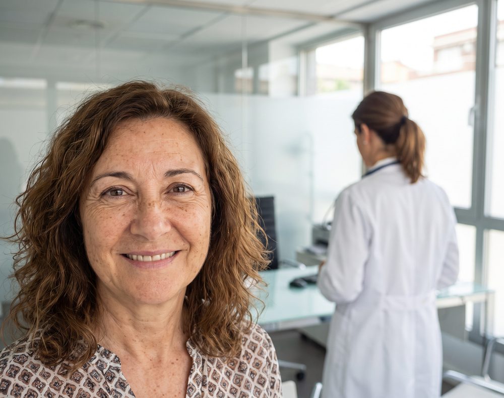 Mujer de unos 58 años sonriendo en una clínica de dermatología