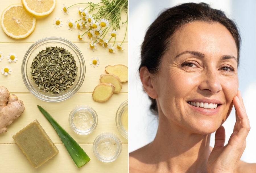 Ingredientes naturales junto a una mujer de unos 55 años sonriendo