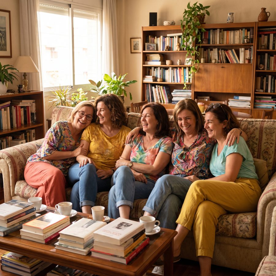 Cinco amigas de entre 55 y 68 años riendo juntas en un sofá