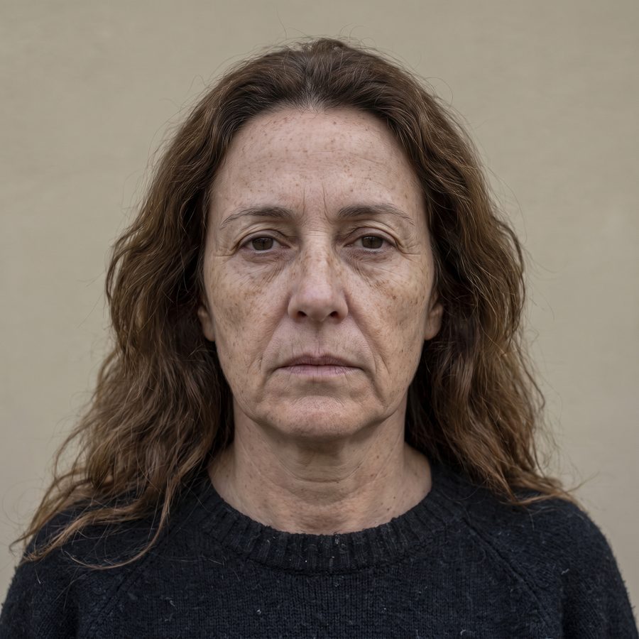 Mujer de unos 56 años con pecas, la cara cansada y los surcos marcados