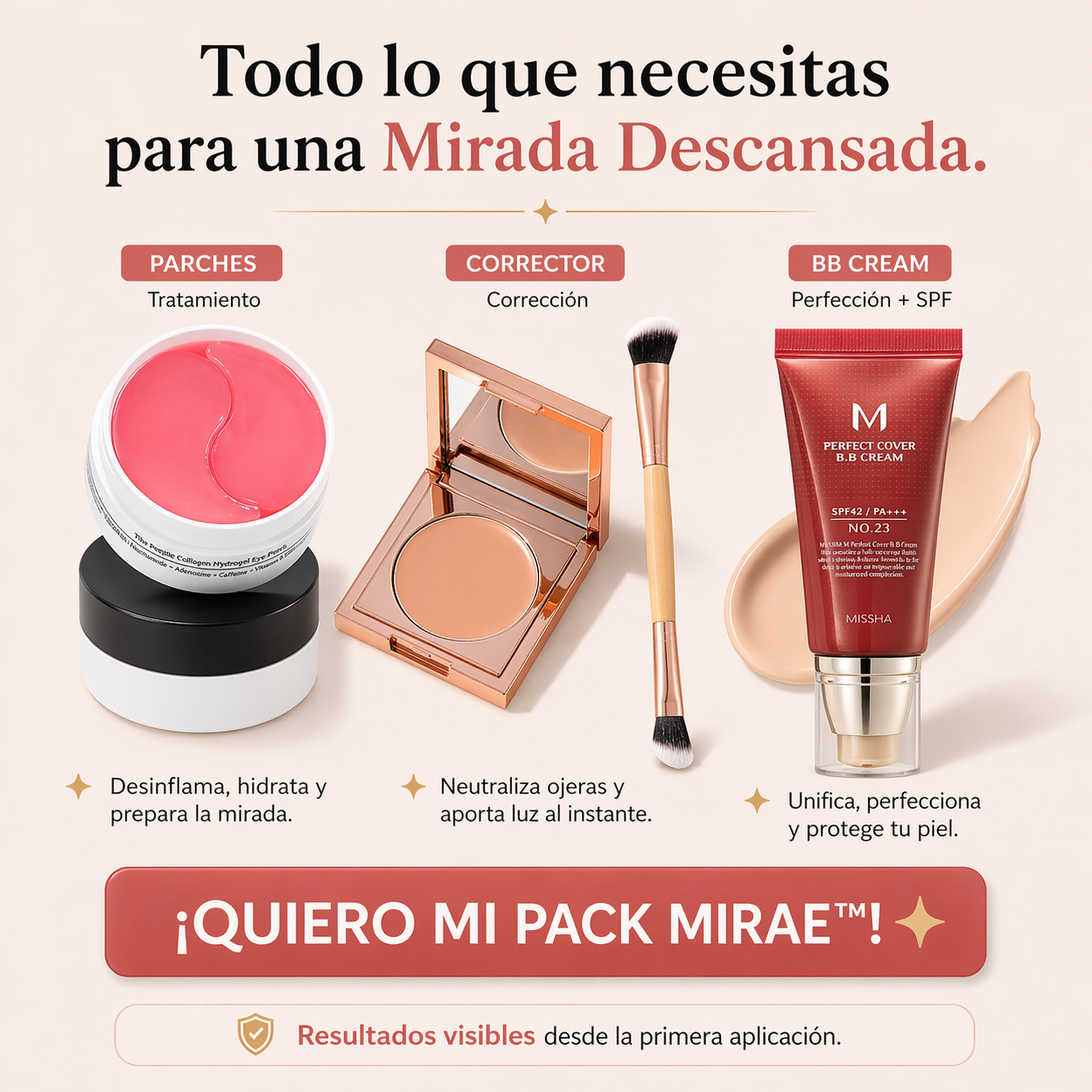 MIRAE™ Kit Tratamiento Completo — Corrector + BB Cream SPF 42 + Parches de Colágeno
