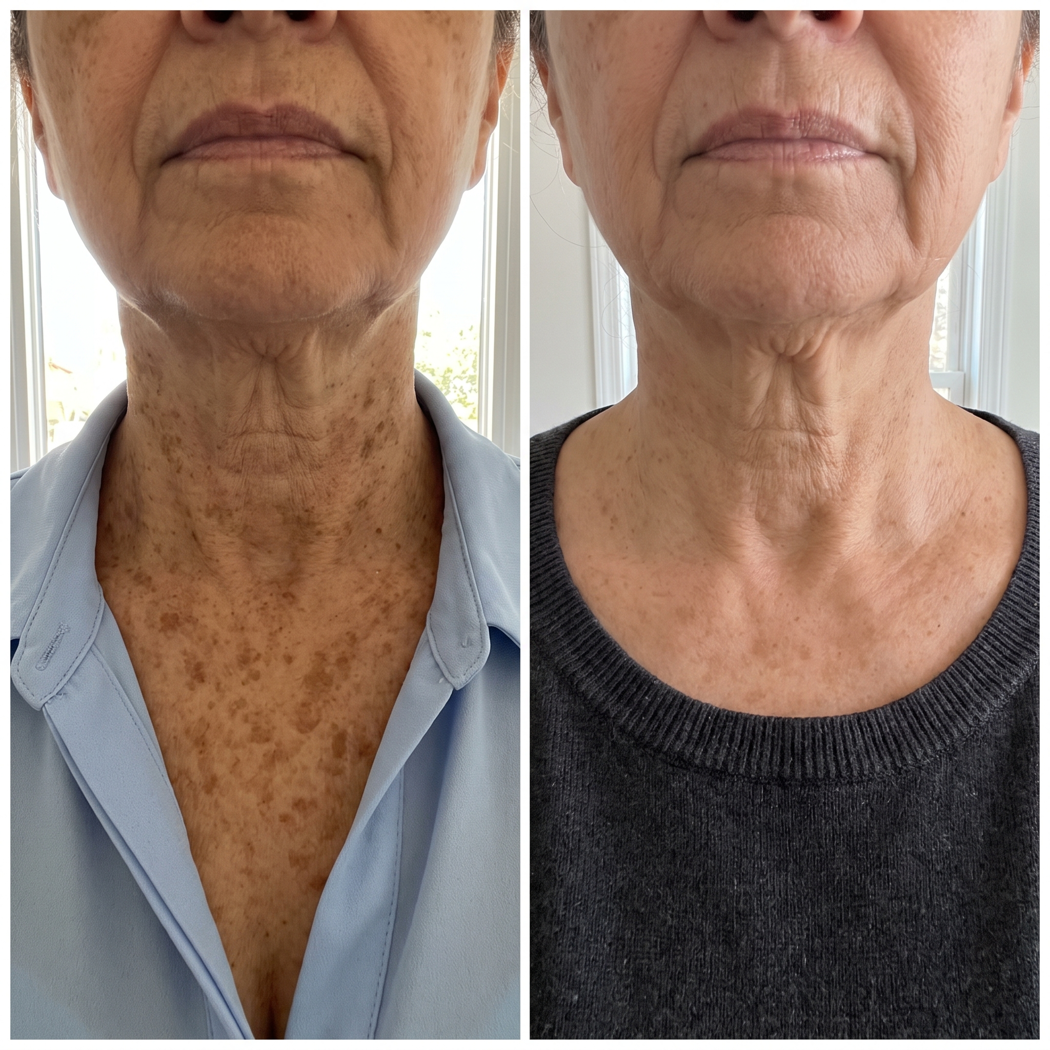 Antes y despues ilustrativo del aspecto de las manchas en cuello y escote. Imagen ilustrativa, no es una clienta real. Los resultados varian.