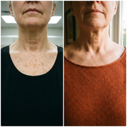 Antes y despues ilustrativo del aspecto de las manchas en cuello y escote. Imagen ilustrativa, no es una clienta real. Los resultados varian.