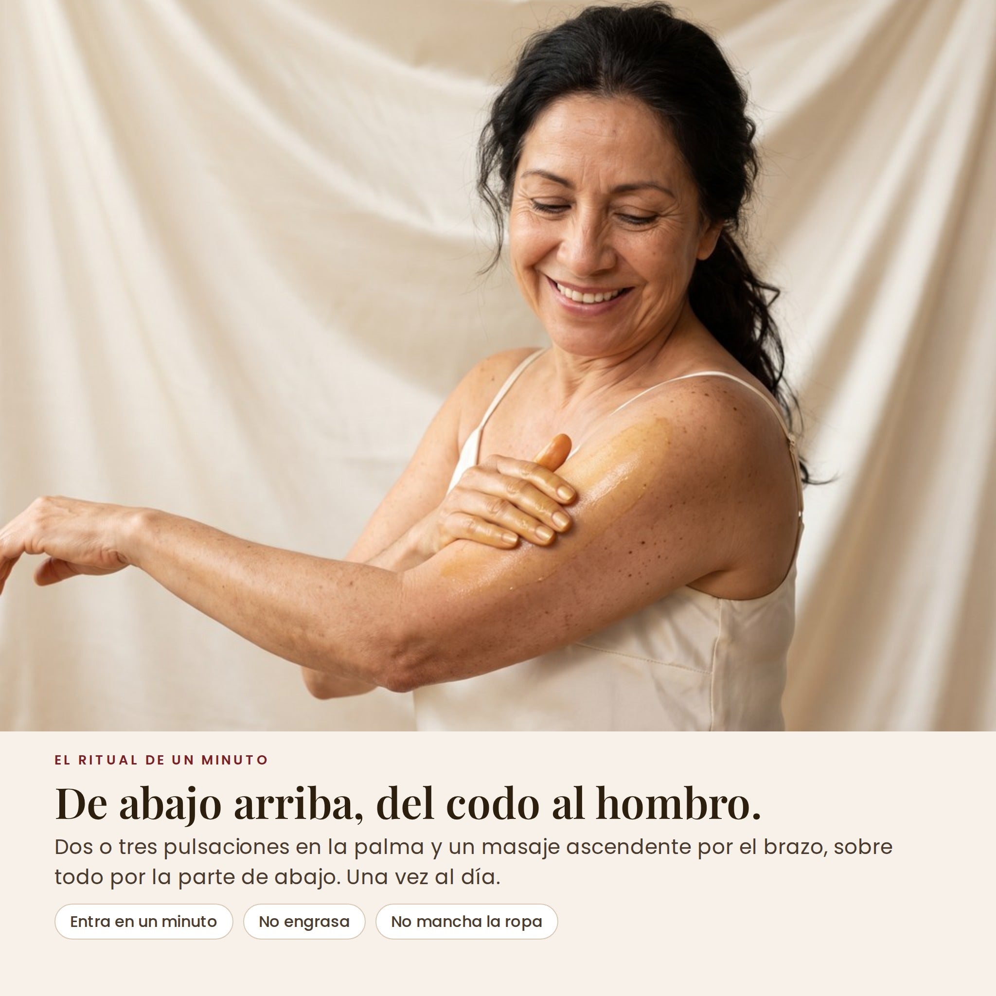 Cómo se aplica: un minuto de masaje de abajo arriba, del codo al hombro