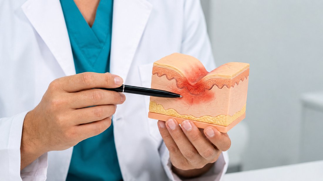 Dermatóloga mostrando cómo afecta el intertrigo a la piel