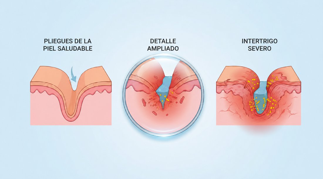 Comparación: pliegue de la piel saludable, detalle ampliado e intertrigo severo