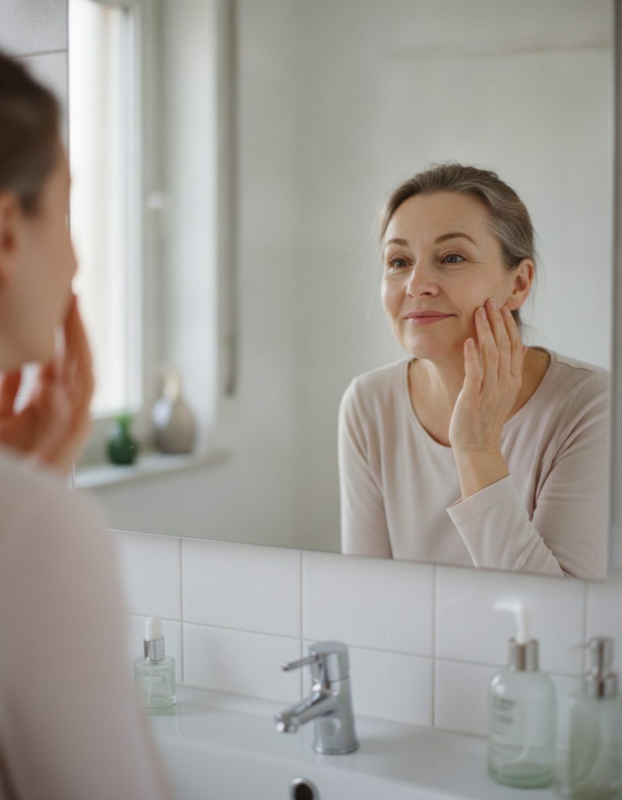 Mujer mirándose al espejo, satisfecha