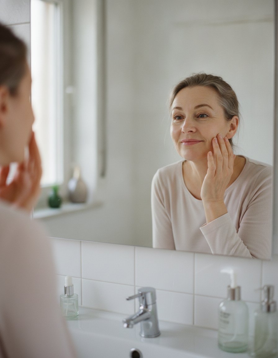 Mujer mirándose al espejo, satisfecha