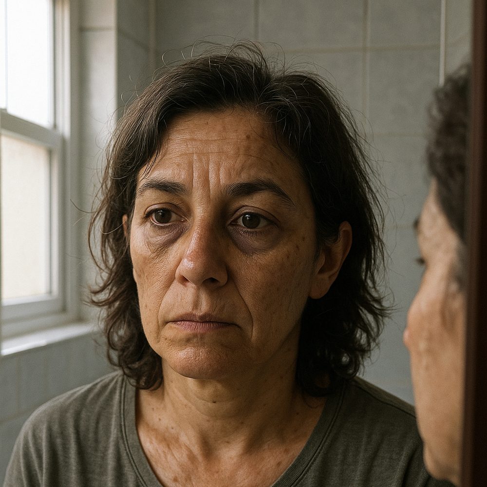 Mujer mirándose las ojeras en el espejo