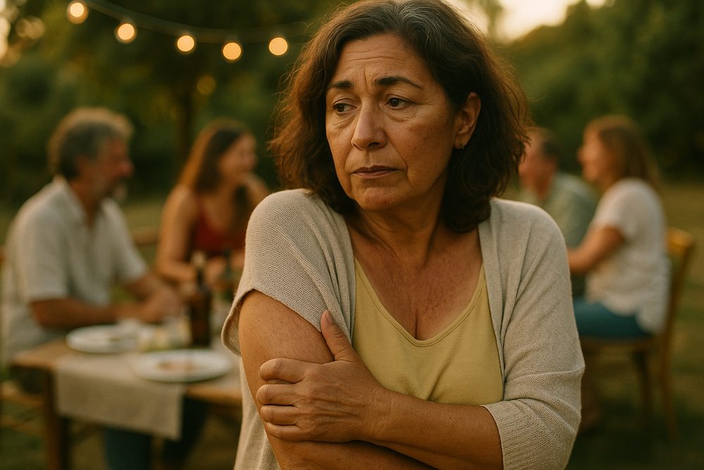 Mujer tapándose los brazos con una chaqueta en una comida de verano