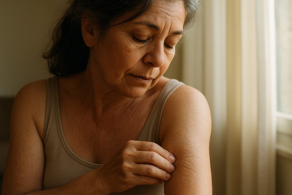 Mujer de más de 50 mirándose la piel de crepé del brazo, pensativa