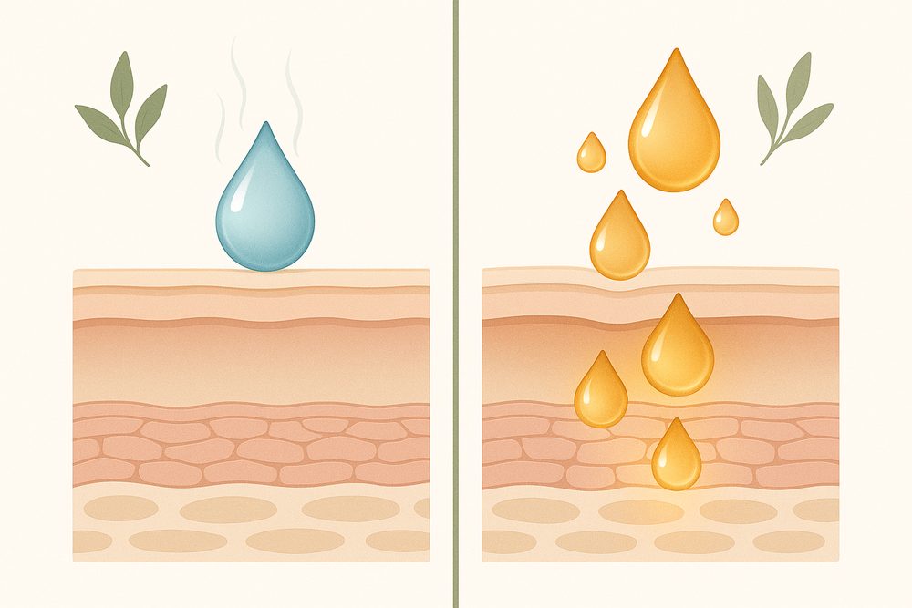 El agua se queda en la superficie de la piel y se evapora; el aceite penetra en las capas profundas