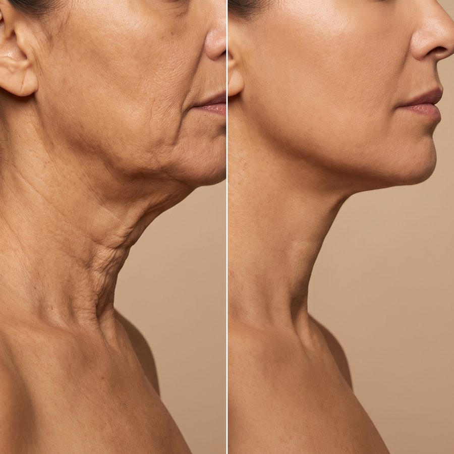 Antes y después del perfil del cuello: a la derecha, menos piel suelta bajo la mandíbula