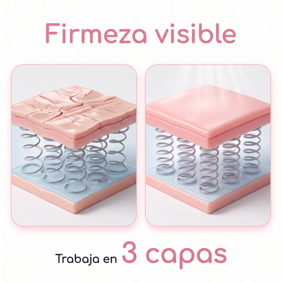 Infografía «Firmeza visible»: la piel con los muelles hundidos frente a la piel con los muelles firmes; trabaja en 3 capas