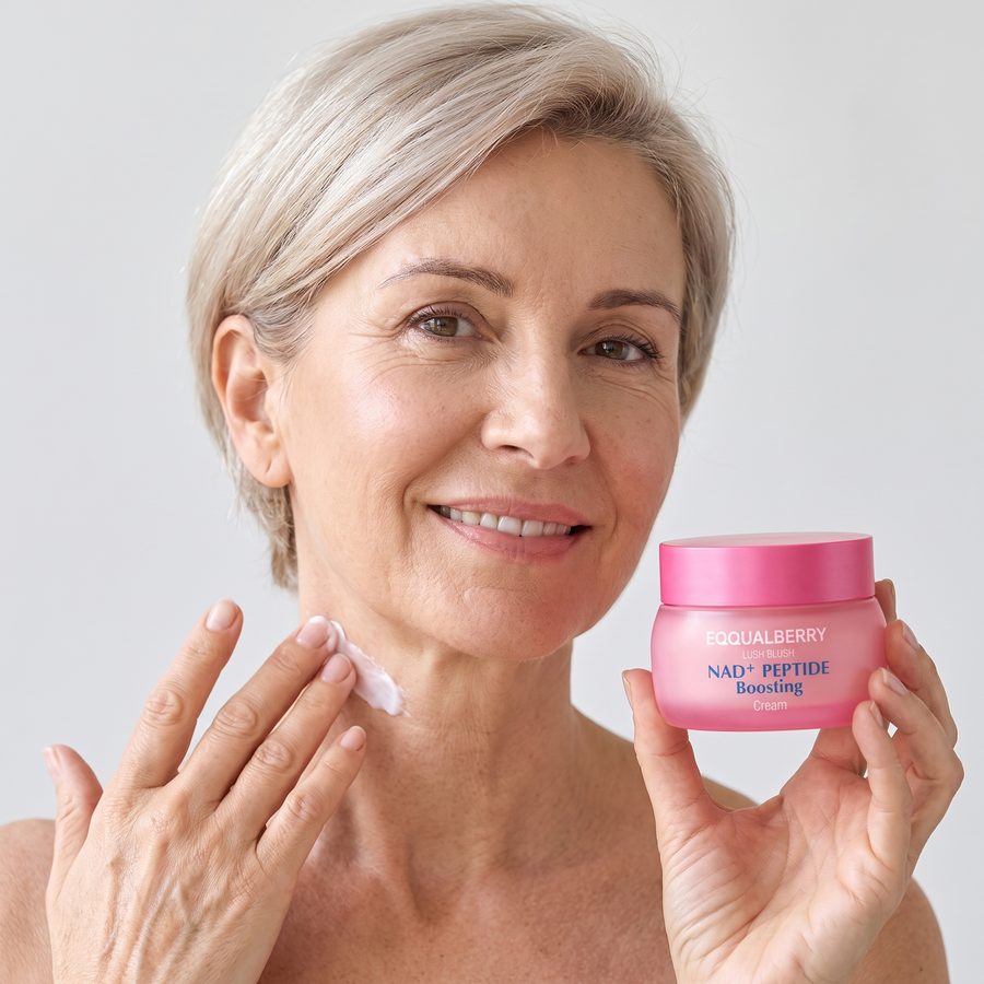 Mujer de unos 57 años aplicándose la crema EQQUALBERRY en el cuello con el tarro en la mano