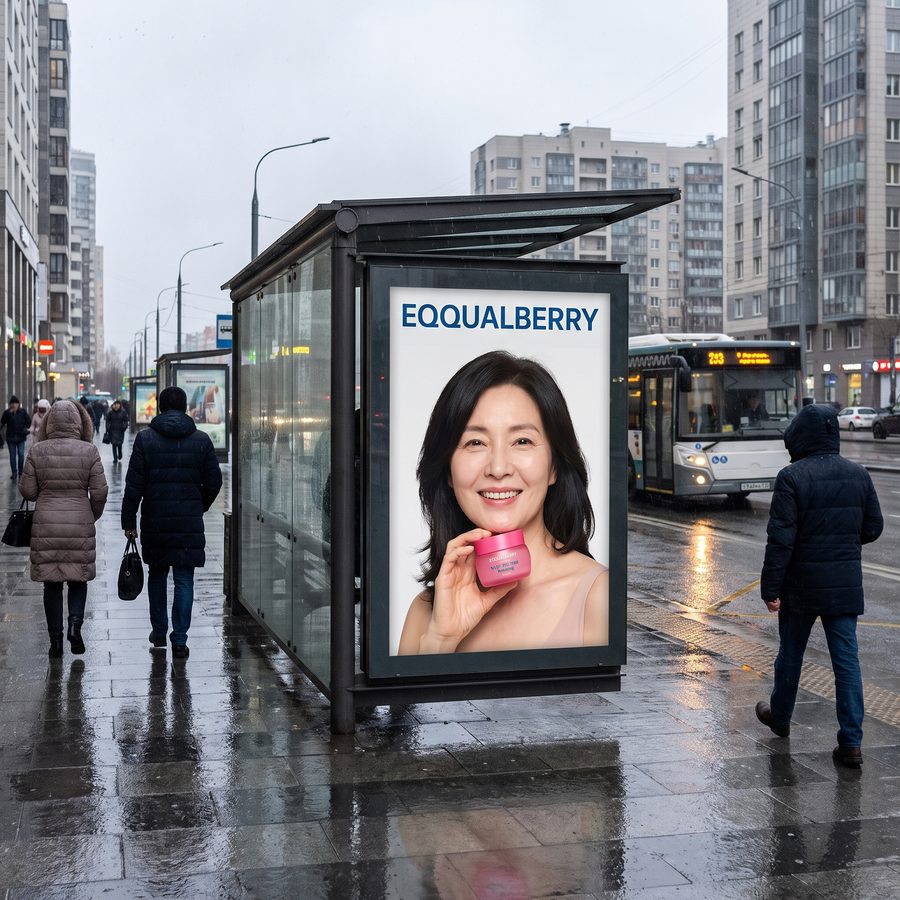 Marquesina de autobús con un cartel de EQQUALBERRY en una calle de ciudad