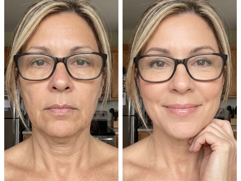 Foto de antes y después de una clienta de unos 56 años con gafas