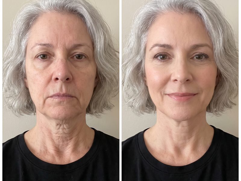 Foto de antes y después de una clienta de unos 65 años con el pelo gris