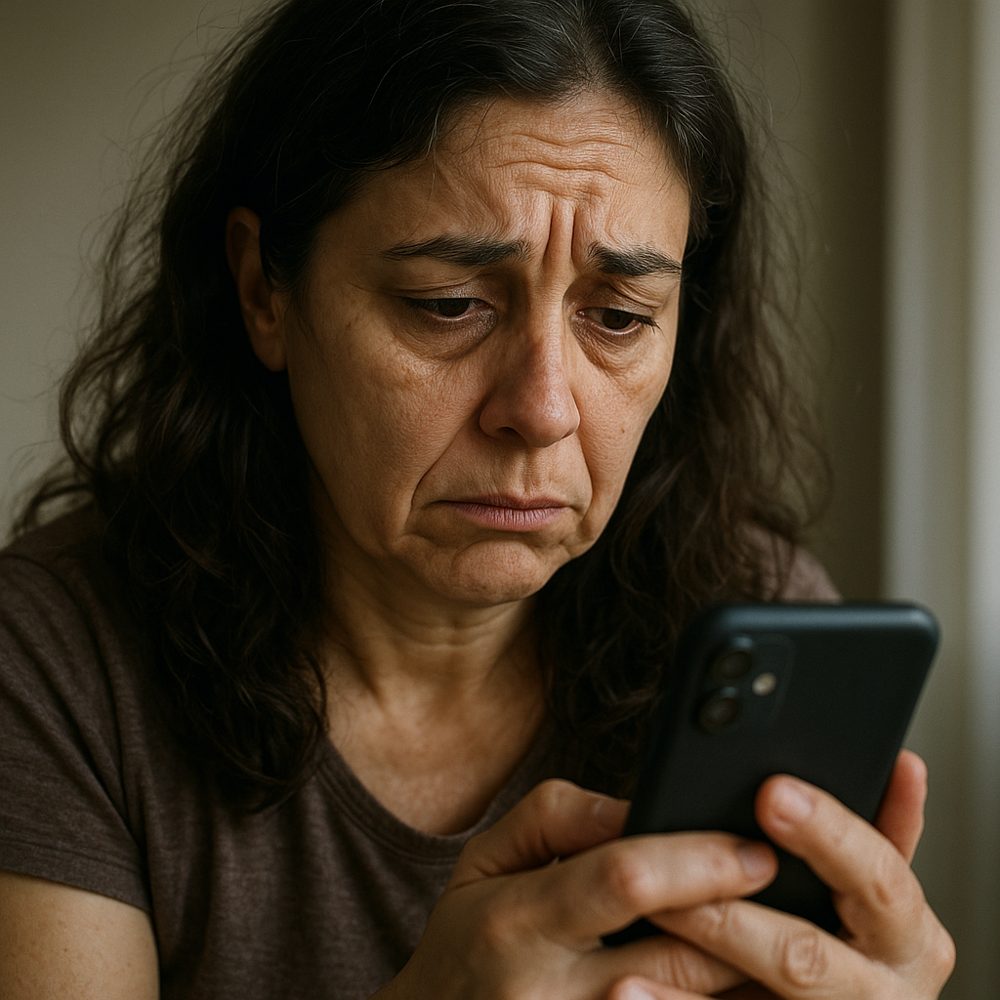 Mujer mirando una foto suya en el móvil, con gesto de agotamiento