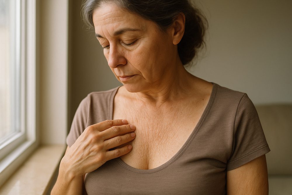 Mujer de más de 50 mirándose las arrugas del escote, pensativa