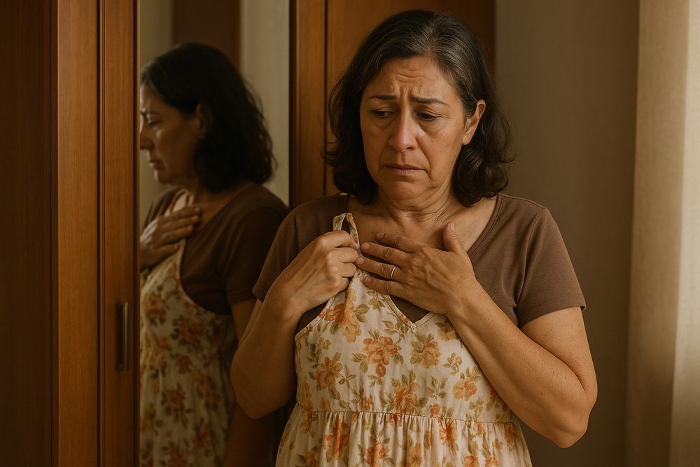 Mujer sujetando un vestido escotado y tapándose el escote frente al espejo