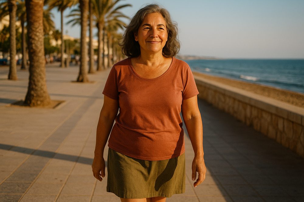 Mujer paseando con falda por la rodilla por un paseo marítimo, a gusto con sus piernas