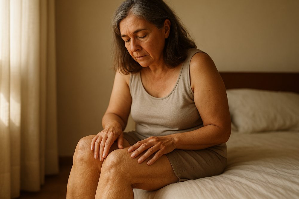Mujer de más de 50 mirándose la piel arrugada de los muslos y las rodillas