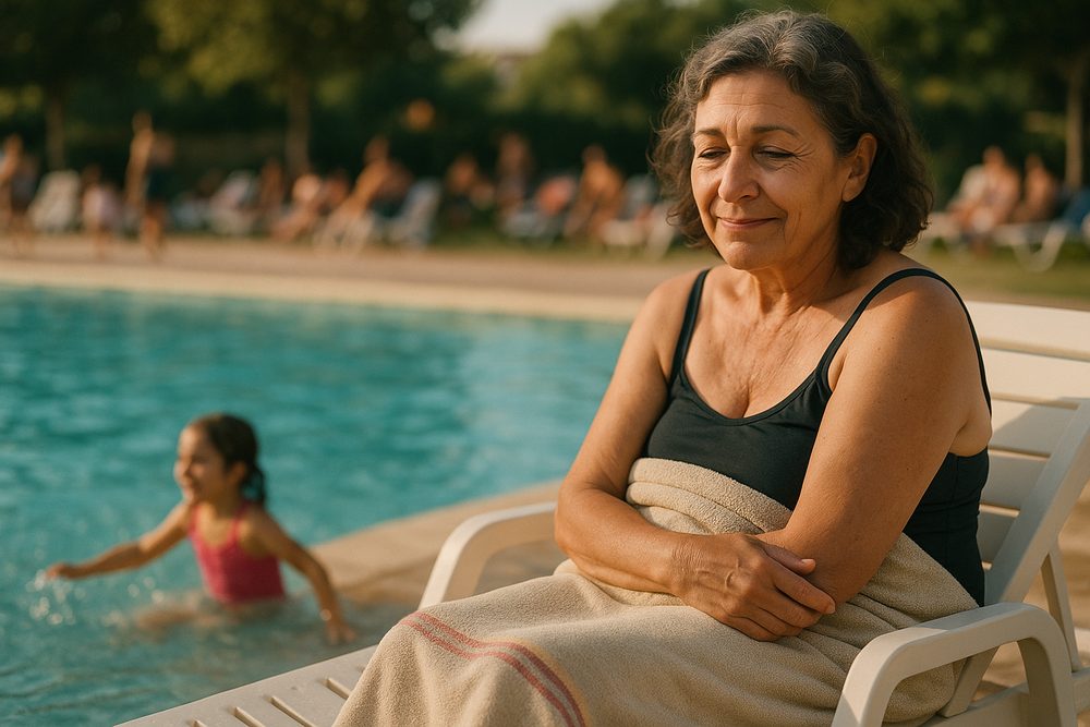Mujer con una toalla tapándole las piernas junto a la piscina mientras su nieta juega