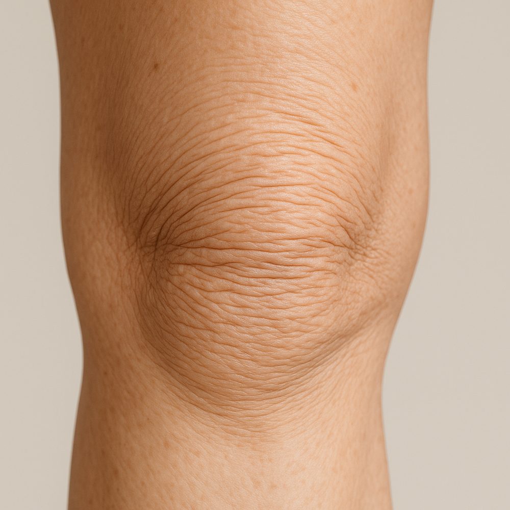 Primer plano de la piel de crepé en la rodilla y el muslo