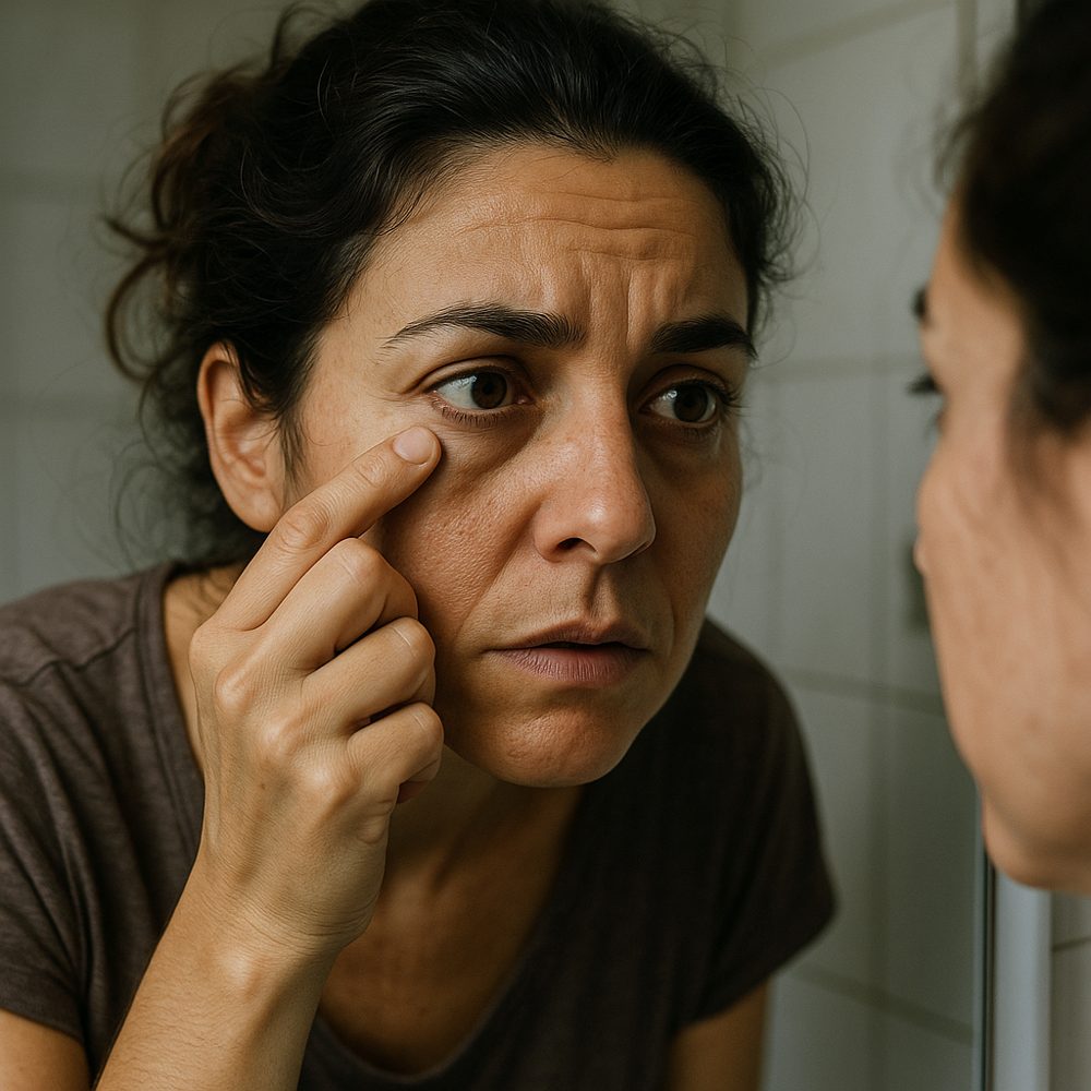 Mujer examinándose las ojeras en el espejo