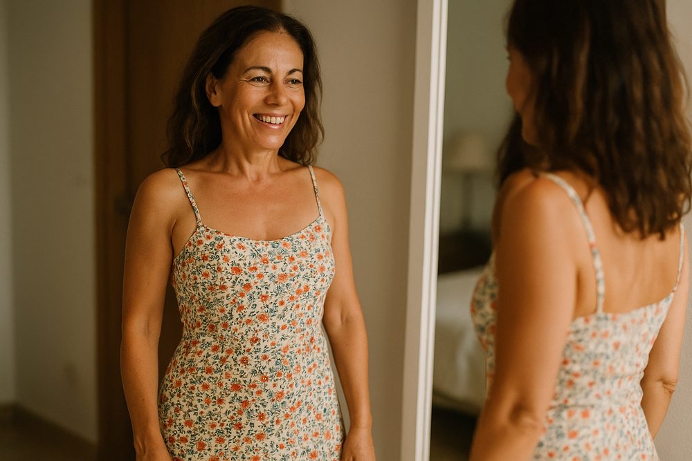 Mujer probándose contenta un vestido de su nueva talla