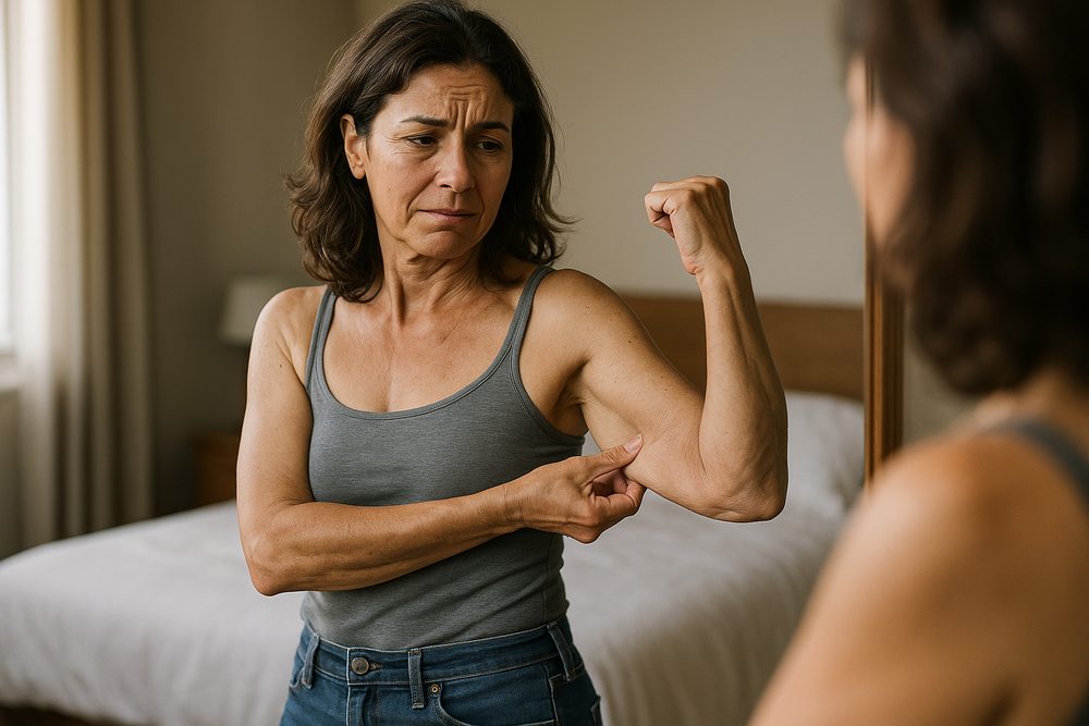 Mujer delgada tras perder mucho peso mirándose la piel floja del brazo en el espejo