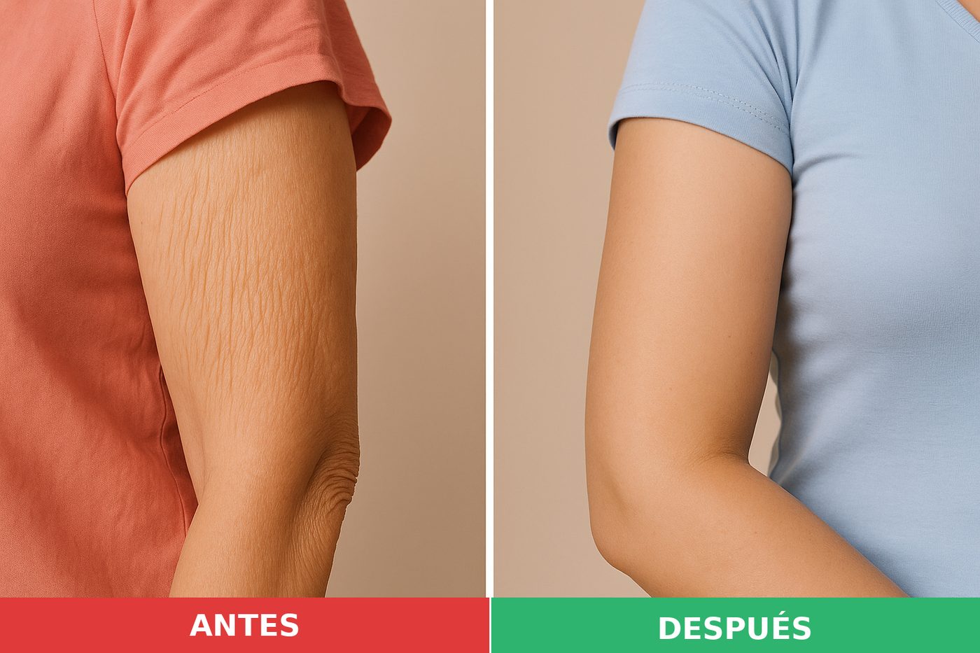 Antes y después: piel de crepé en el brazo de una mujer de unos 60 años