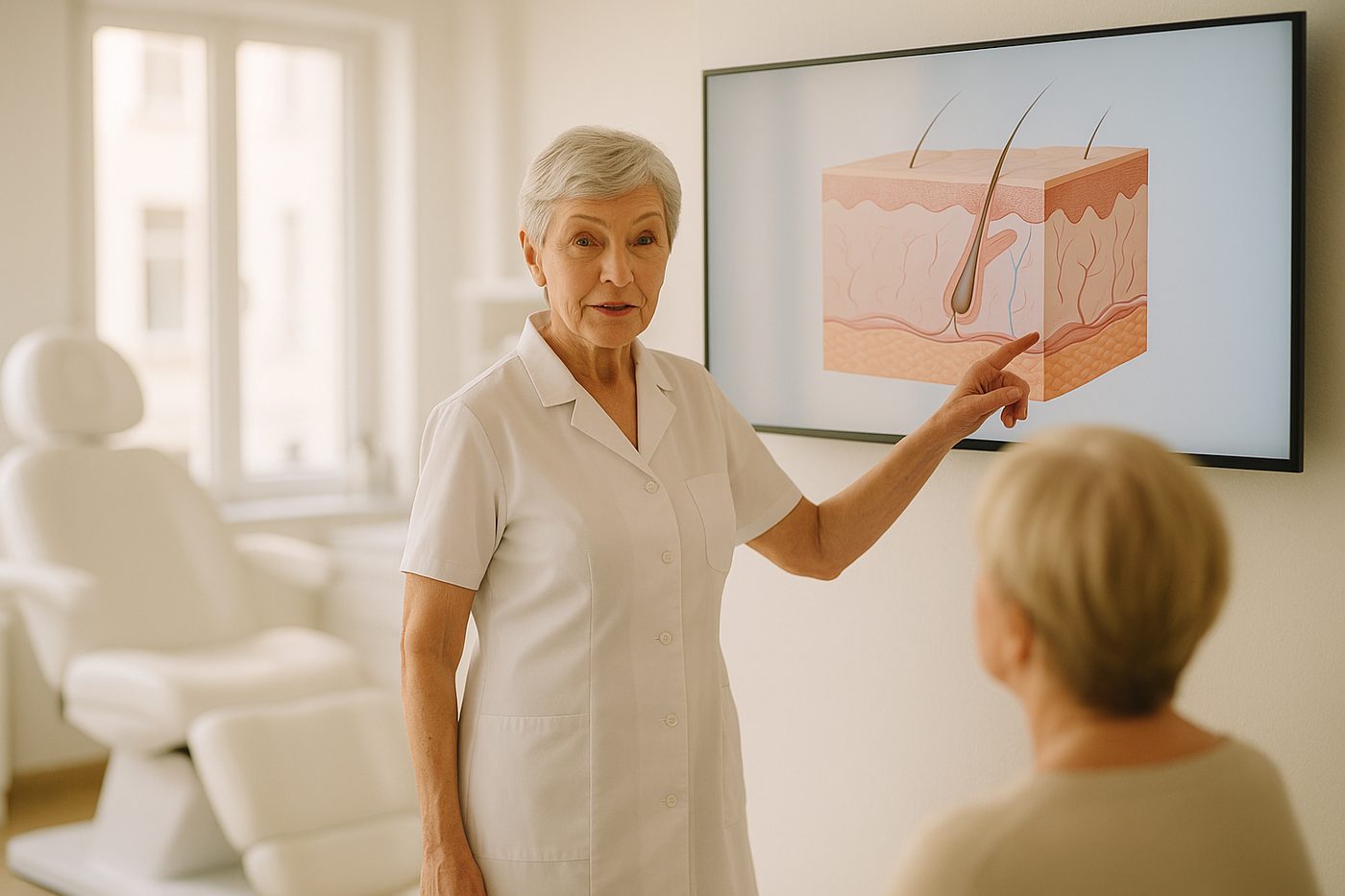 Esteticista explicando un diagrama de las capas de la piel en una consulta