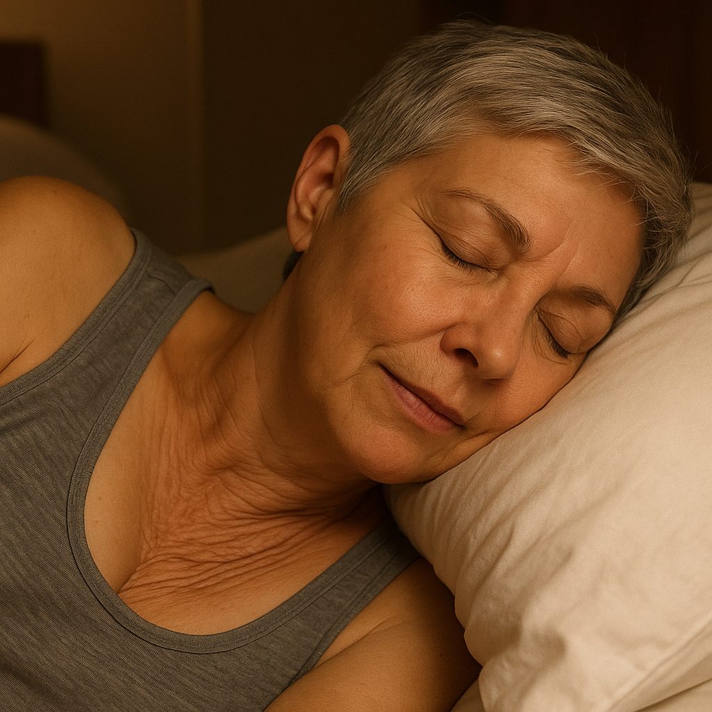 Mujer de más de 50 durmiendo de lado, con el escote comprimido contra la almohada
