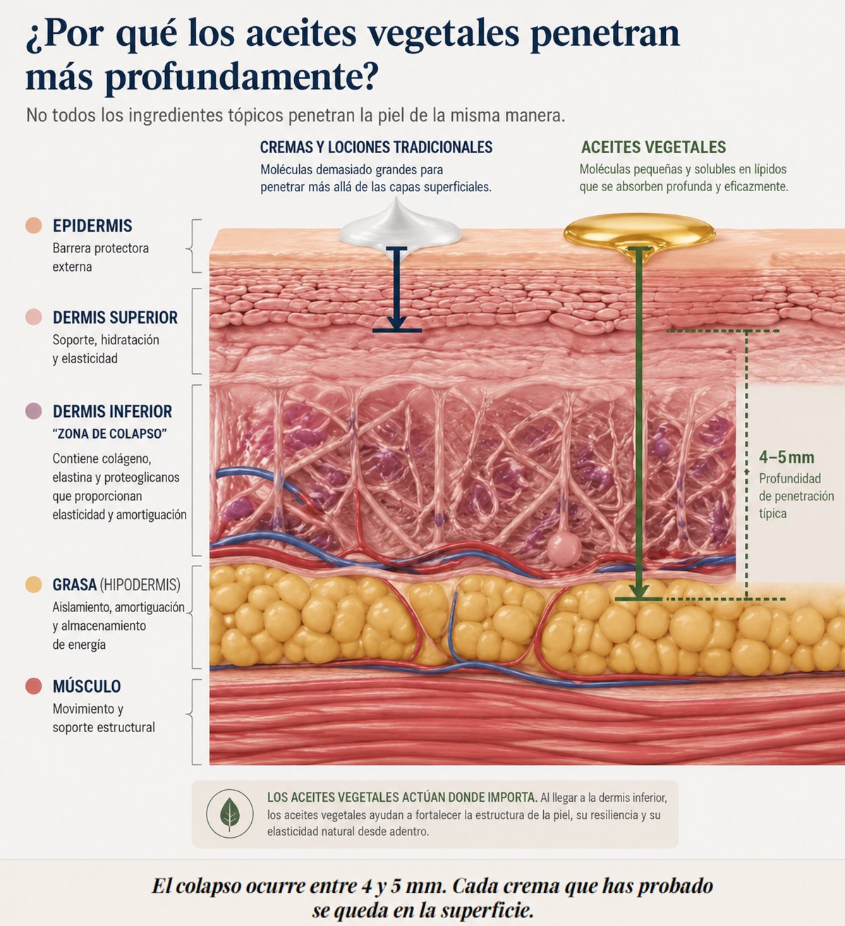 Corte de la piel: la crema se queda en la superficie, el aceite llega a la dermis profunda