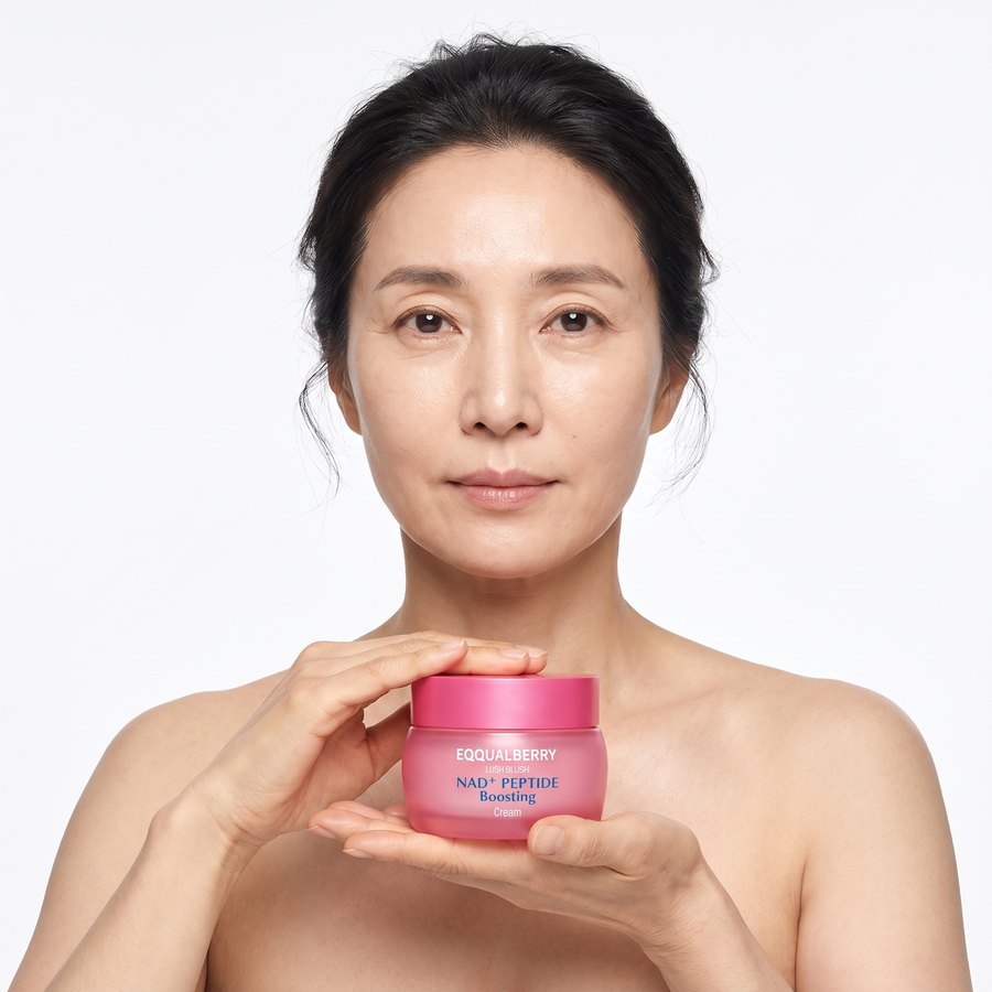 Mujer coreana sosteniendo la crema EQQUALBERRY de cuello y papada