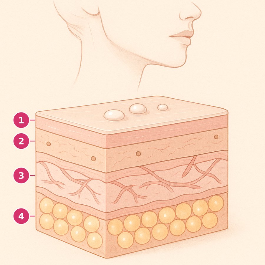 Ilustración de las cuatro capas de la piel del cuello: superficie, barrera, estructura y energía NAD⁺