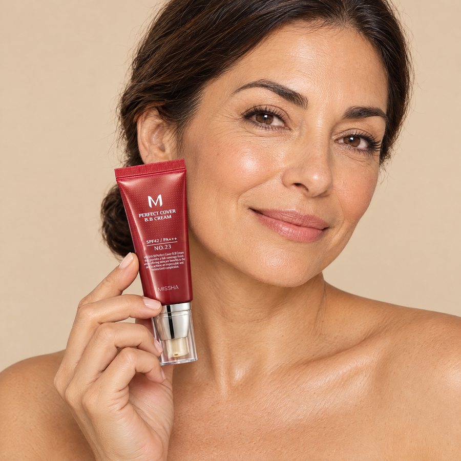 Mujer de unos 55 años con el tubo de la BB cream junto a la mandíbula
