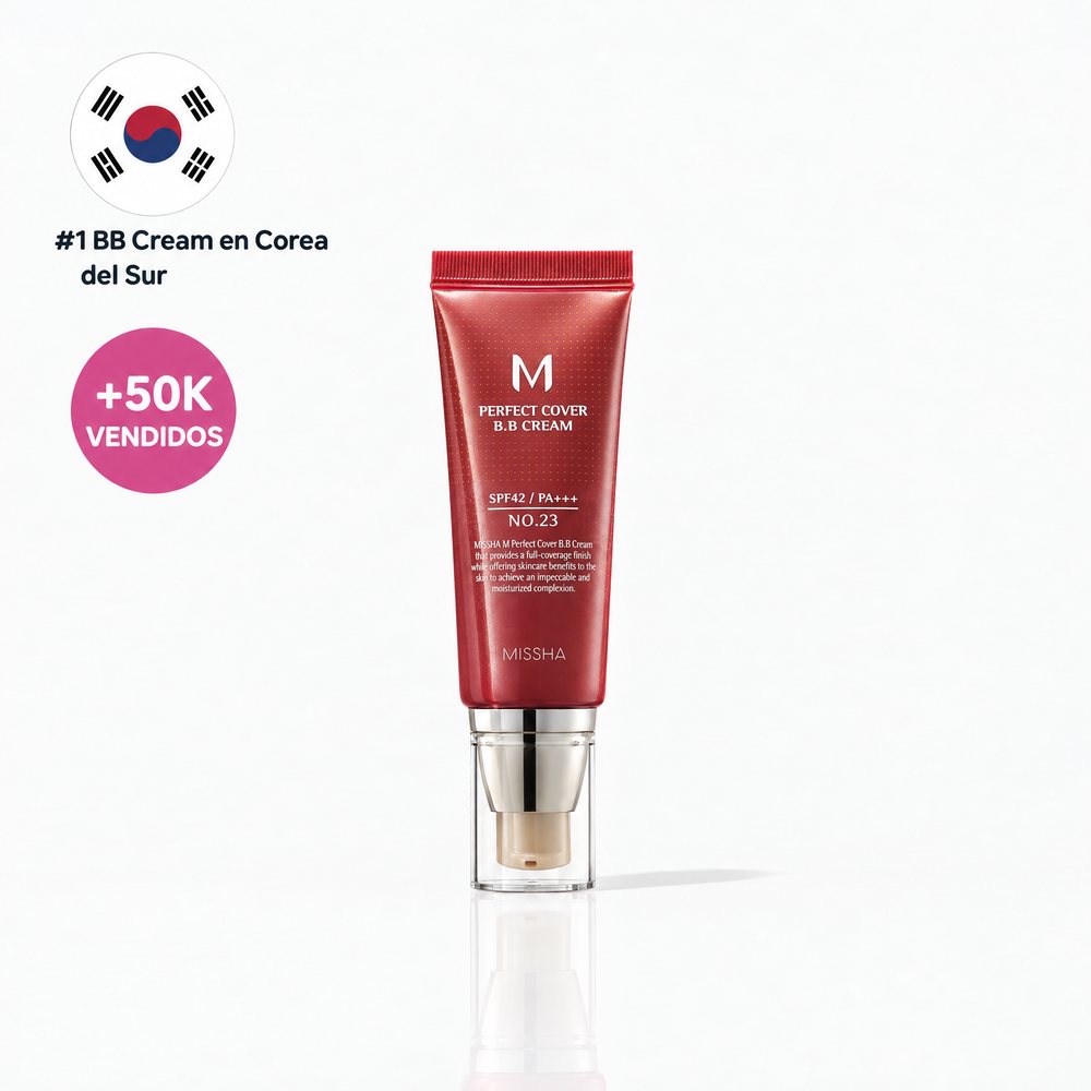 El tubo de la BB cream de pie, la bandera de Corea del Sur, «#1 BB Cream en Corea del Sur» y «+50K VENDIDOS»