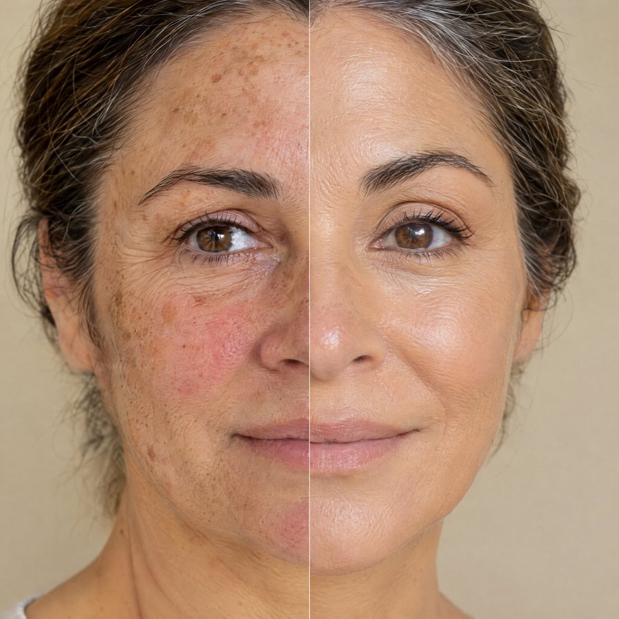 Antes y después de la cara de una mujer de unos 58 años: a la izquierda, manchas, rojeces y el tono desigual; a la derecha, el tono uniforme y natural con la BB cream